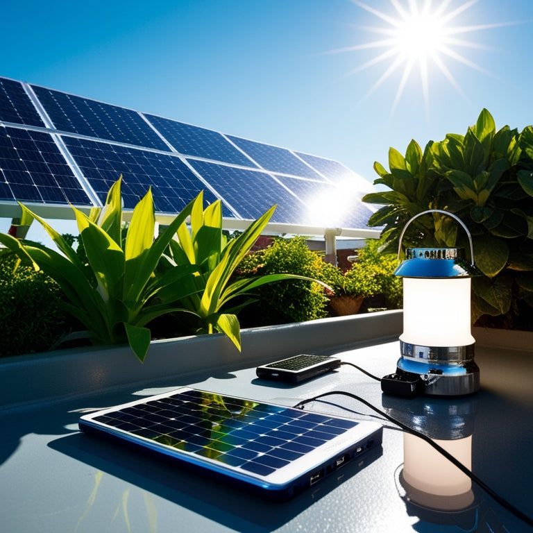 A sunlit rooftop adorned with sleek solar panels, surrounded by vibrant green plants. Nearby, a modern solar-powered phone charger and lantern glisten, their polished surfaces reflecting the bright, clear blue sky above.