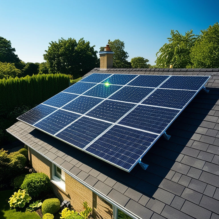 A sunlit suburban rooftop adorned with sleek, modern solar panels glistening under a clear blue sky. Lush green gardens surround the house, reflecting an eco-friendly lifestyle. Soft shadows cast by the panels emphasize their neat arrangement.