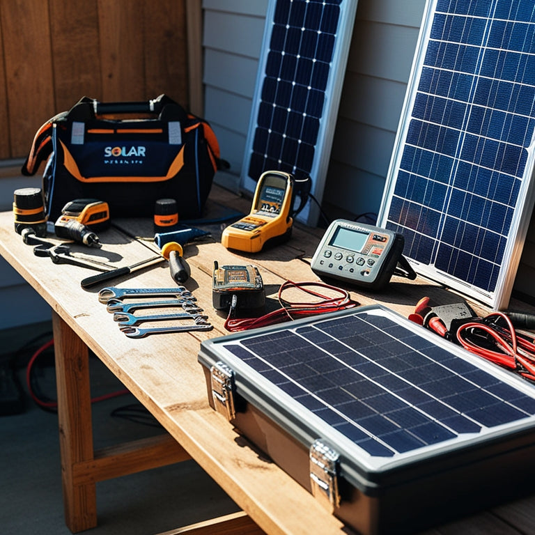 A sunlit workspace with an array of solar installation tools: wrenches, drills, and multimeters scattered on a wooden table, solar panels leaning against a wall, and a toolbox with glinting metal edges.