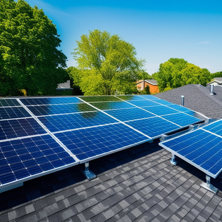 A sunny suburban rooftop adorned with sleek, shiny solar panels, surrounded by lush green trees and a clear blue sky. The panels glisten in the sunlight, reflecting the vibrant energy of a sustainable future.