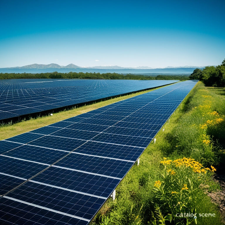 A vast solar farm under a clear blue sky, rows of gleaming solar panels absorbing sunlight, surrounded by lush greenery, with distant mountains on the horizon and a gentle breeze rustling nearby wildflowers.