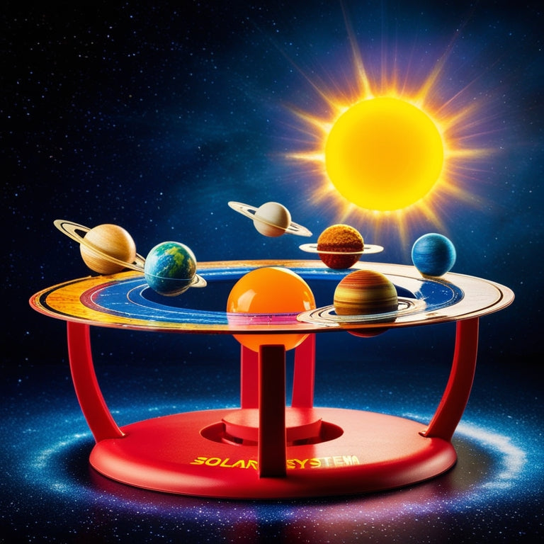 A vibrant, detailed display of a Solar System Kit, featuring miniature planets with vivid colors and textures, orbiting around a bright sun, all set against a deep space backdrop sprinkled with twinkling stars.