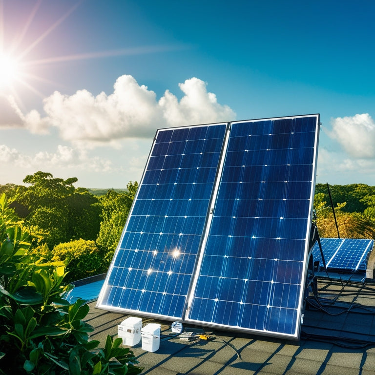 A vibrant landscape with a solar panel kit being assembled on a sunny rooftop, surrounded by lush greenery. Sunlight reflects off the sleek blue panels, with a clear sky and fluffy clouds in the background.