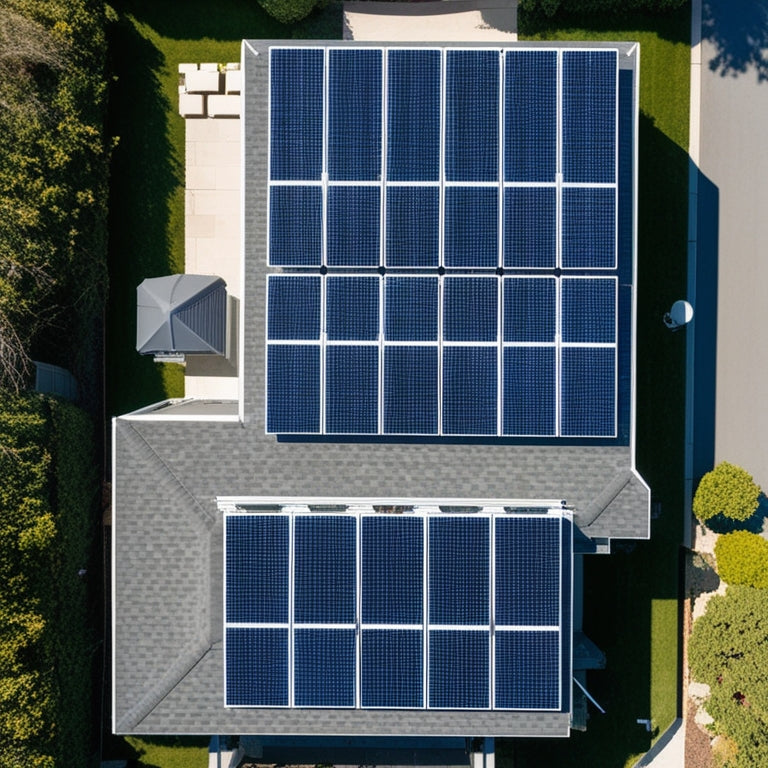 Aerial view of a suburban home with a sleek, modern solar panel system covering the rooftop, with a few panels angled to maximize sunlight exposure amidst a clear blue sky.