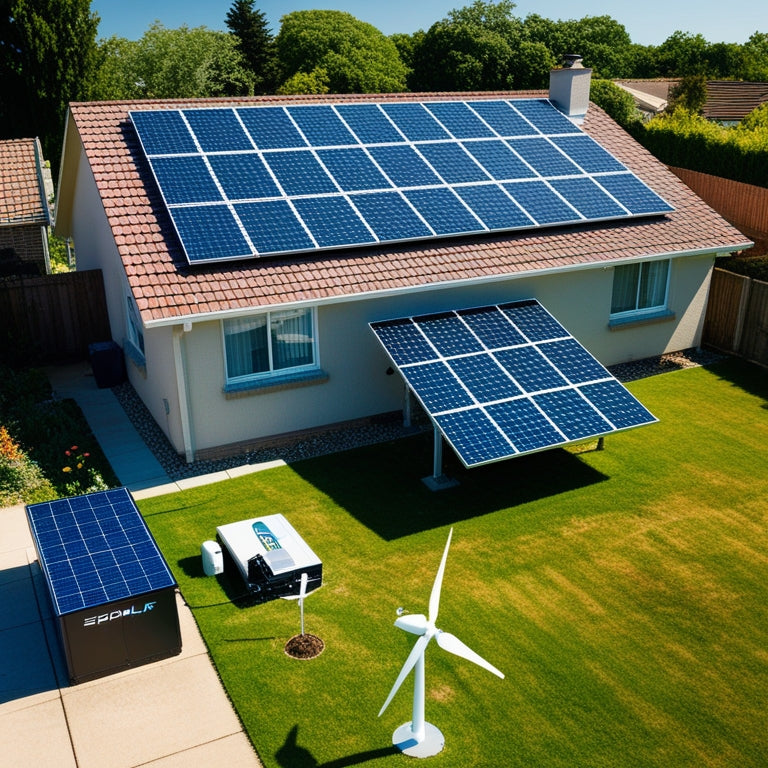 Aerial view of a suburban home with solar panels on the roof, a solar battery in the backyard, and a garden with a small wind turbine in the corner, under a sunny sky.