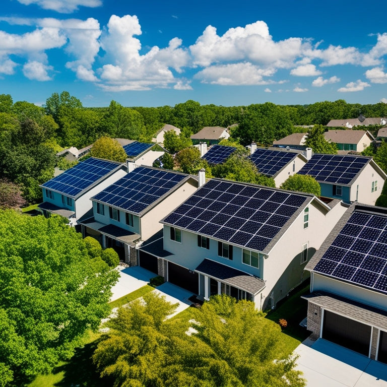 Aerial view of a suburban neighborhood with multiple homes featuring sleek, black solar panels on their rooftops, amidst lush green trees and blue skies with a few white, fluffy clouds.