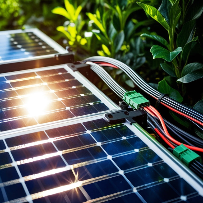 Close-up of solar panel connectors, vibrant sunlight reflecting off sleek metallic surfaces, intricate wiring details, surrounded by green foliage. Emphasize the precision craftsmanship and renewable energy theme with a modern, eco-friendly aesthetic.