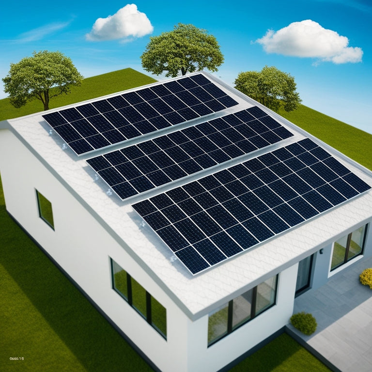 Illustration of a modern home's rooftop with a grid of sleek, black solar panels, surrounded by a few trees and a sunny blue sky with a few puffy white clouds.