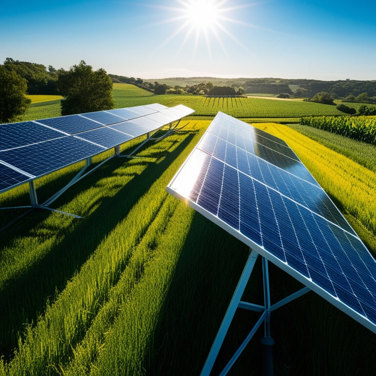 Sun-drenched landscape with sleek solar panels seamlessly rotating on advanced tracking systems, following the sun's path across a clear blue sky, casting dynamic shadows on vibrant green fields below.