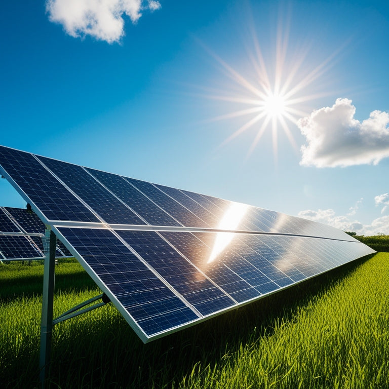 Sunlit landscape with advanced solar tracking panels following the sun's path, casting dynamic shadows on lush green fields. The sky is vibrant with a few fluffy clouds, highlighting the technology's harmonious blend with nature.