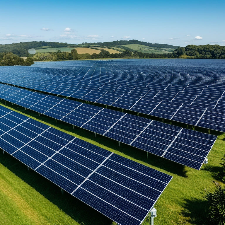 Vast fields of sleek solar panels glistening under a clear blue sky, capturing the sun's rays. Rows of panels stretch into the horizon, surrounded by lush greenery and distant rolling hills. A sustainable energy landscape.