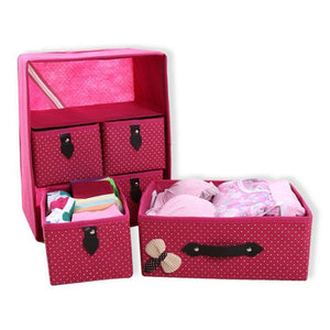 Online shopping diffstyle cute bowknot dot printing non woven thickening three layer five drawer foldable collapsible classified storage box container organizer for underwear socks and any accessories pink